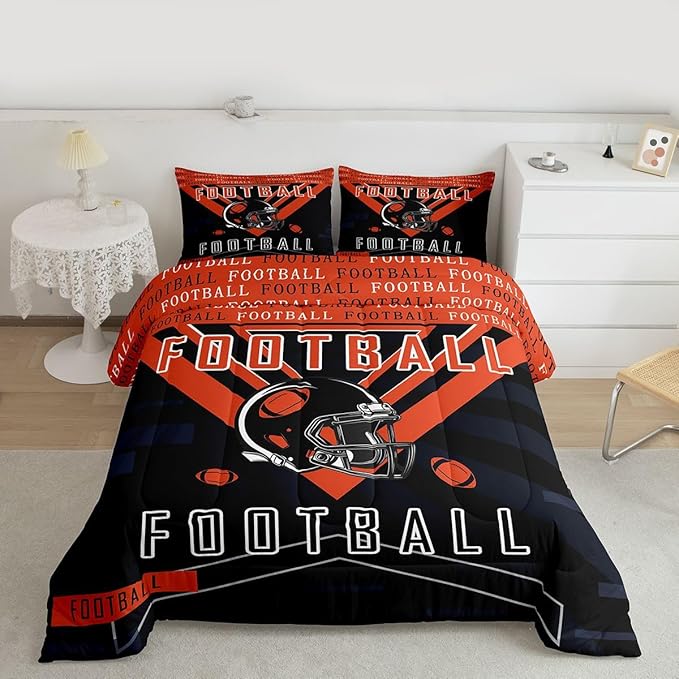 Feelyou Football Bedding Set Boys Girls Twin Size Comforter Set Sports Themed Women Men Rugby Sport Duvet Quilt Football City Orange Black Room Decor