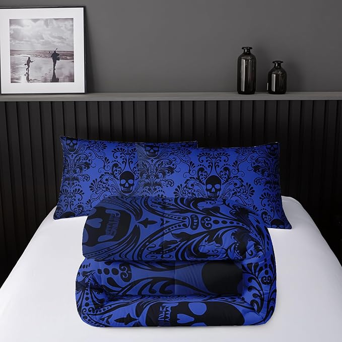 Adults Blue Gothic Comforter Set Twin Size,Vintage Damask Floral Bedding Set 3Pcs,Bohemia Bedding Set Goth Skull Printed Quilted Set for Teens Adult with 1 Comforter and 2 Pillowcase