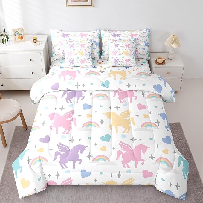 7 Pieces Kids Teens Rainbow Unicorn Comforter Set Full Size Cute Unicorn Bedding Set with Comforter,Sheet Set,Pillowcase and Sham Fairy Tale Bed Set Colorful Animals Bedding for Room Decorative