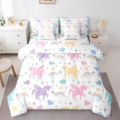 Rainbow Unicorn 7 Pieces Bedding Set Cute Unicorn Comforter Set for Boys Girls Fairy Tale Bed Set Room Decor Twin Size Colorful Animals Soft Warm Microfiber Bedding