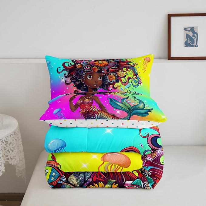 Erosebridal Gothic Mermaid Twin Comforter Set for Girls,Black Girls Bedding Set Afro Girl Quilt,American African Princess Magical Down Comforter for Toddler Kids,Ocean Jellyfish Cute Room Decor