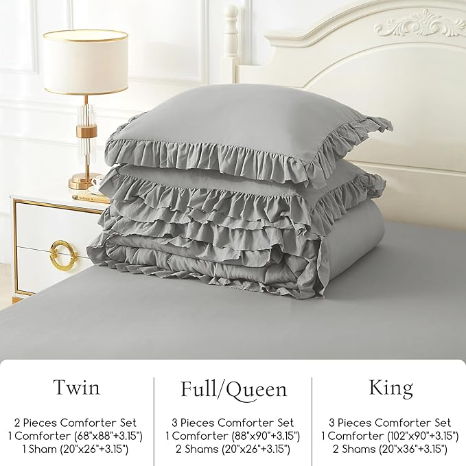 ARTALL Twin Comforter Set Reyna Ruffled Comforter Sets 2 Pieces with 1 Pillow Sham, Vintage Farmhouse Shabby Chic Bedding Soft Fluffy Comforter Set All Season for Teens and Girls, Light Grey