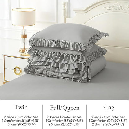 ARTALL Twin Comforter Set Reyna Ruffled Comforter Sets 2 Pieces with 1 Pillow Sham, Vintage Farmhouse Shabby Chic Bedding Soft Fluffy Comforter Set All Season for Teens and Girls, Light Grey