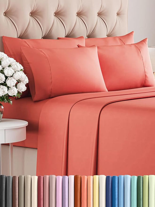 Queen 6 Piece Sheet Set - Comfy Breathable & Cooling - Ultra Soft Hotel Luxury Bedding Set w/ 8-16 Inch Deep Pockets - 1 Flat & 1 Fitted Sheet & 4 Pillowcases - Cozy, Wrinkle Free & Easy Care - Coral