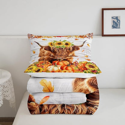 Autumn Theme King Size Comforter/Duvet Set,Highland Cattle Ultra Soft Bed Collection,Sunflower Pumpkin Maple Leaf Bedding for Room Decor 3 Pcs,Microfiber Breathable