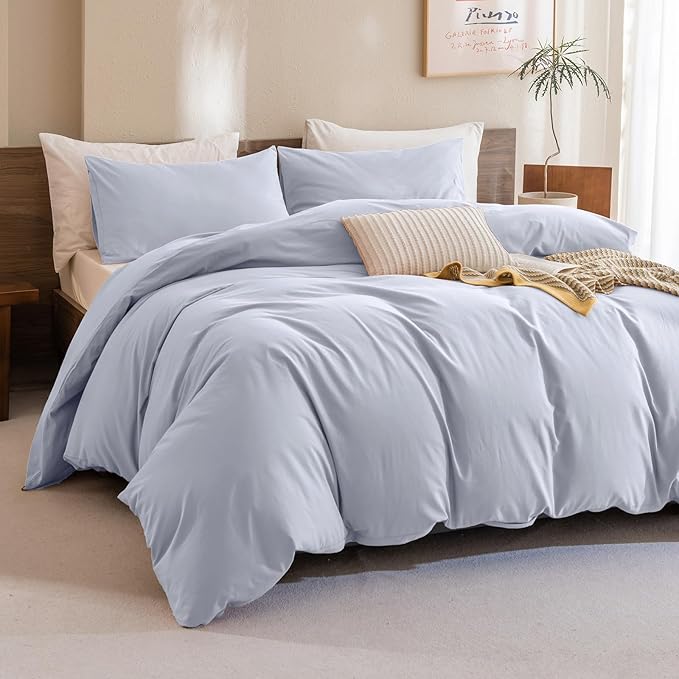 Sanracie King Comforter Set, Cotton Linen Feel Textured Comforter Set Cornflower Blue, Simple King Bedding Set 3pcs(1 Aesthetic Solid Comforter + 2 Pillowcases) Soft