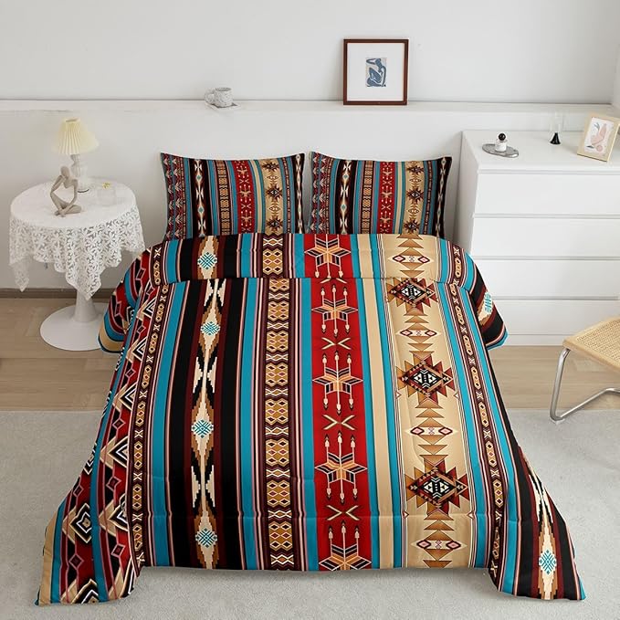 Aztec Bedding Set Ethnic Tribal Arrow Comforter Set,Retro Southwest Native Bohemian Quilt King,Western Star Geometric Sriped Duvet Insert African Tribe Exotic Nordic Style Boho Decor,Warm Taupe
