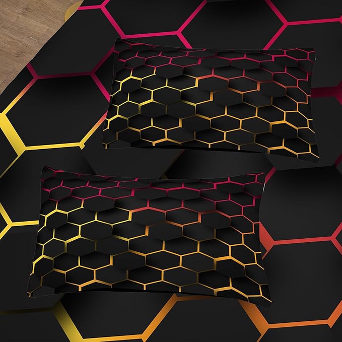 Tailor Shop Honeycomb Comforter Set King Size Geometric Hexagon Bedding Set for Kids Boys Teens Room Decor Yellow Red Black Neon Lights Comforter with 2 Pillowcases…