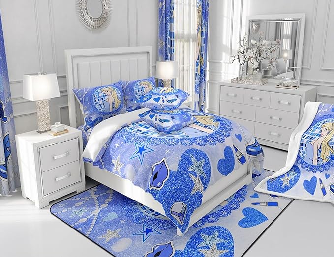 Princess Girly Kids Comforter Set King Size,Bowknot High-heeled Shoes Lip Dreamy Bedding Set,Girls Women Room Decor,Glitter Sequin Star Diamond Down Comforter,Blue Noble Duvet Insert,2 Pillowcases