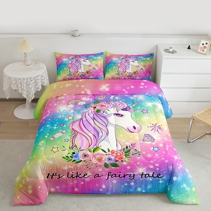 Unicorn Gifts for Girls,Kawaii Comforter Set Glitter Galaxy Bedding Set for Kids Toddler,Cartoon Magical Animal Duvet Insert Cute Horse Quilt Twin,Rainbow Unicorn Room Decor for Girls Bedroom