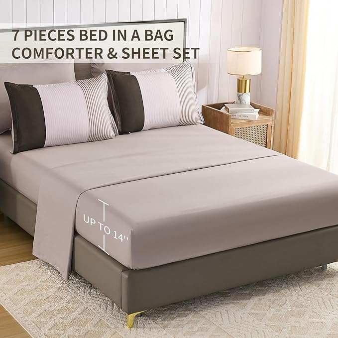 Anibedding Brown Queen Comforter Set 7 Pieces, Chocolate and White Patchwork Striped Bed in a Bag with Sheet Pillowcase for Queen Bed All Season