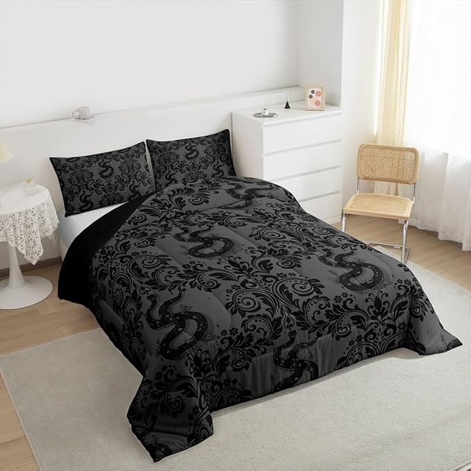 Feelyou Adults Gothic Bedding Set Soft for Boys Girls, Dark Olive Green Damask Comforter Set Full Size Snake Duvet Quilt Microfiber Bedroom Decor 3 Pcs with 2 Pillow Cases