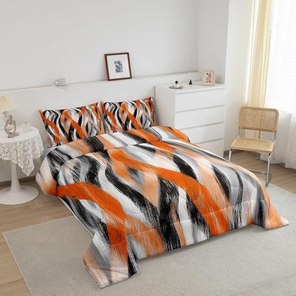 Erosebridal Geometric Stripes Comforter Twin Modern Abstract Comforter Set Grey Black Orange Bedding Set for Kids Adults Swirl Lines Quilt Duvet Room Decor 2 Pcs