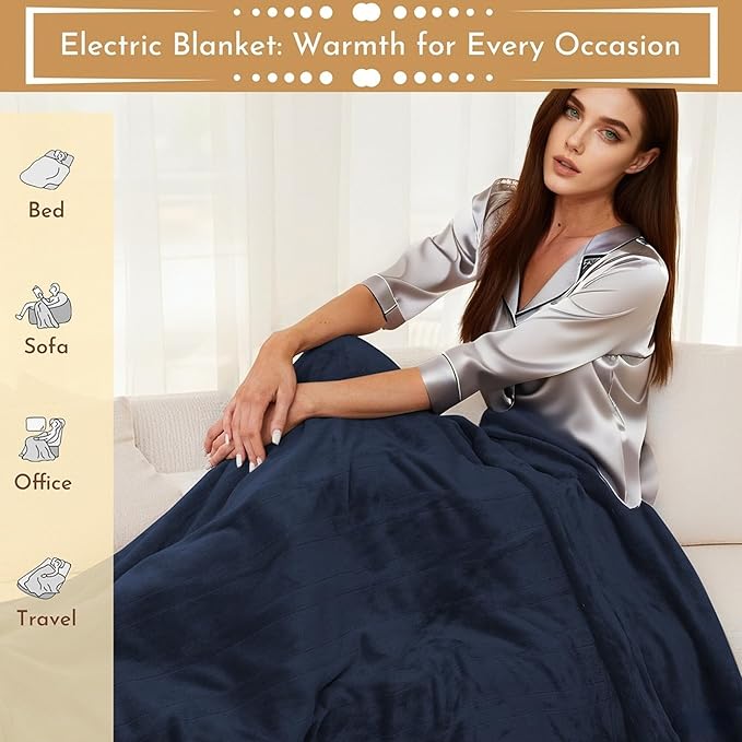 Electric Heated Blanket 62"x84" Twin Size Flannel Heated Blanket, Cozy & Warm for All Night, 4 Heat Settings & 10 Hours Auto Off, Machine Washable, Navy Blue