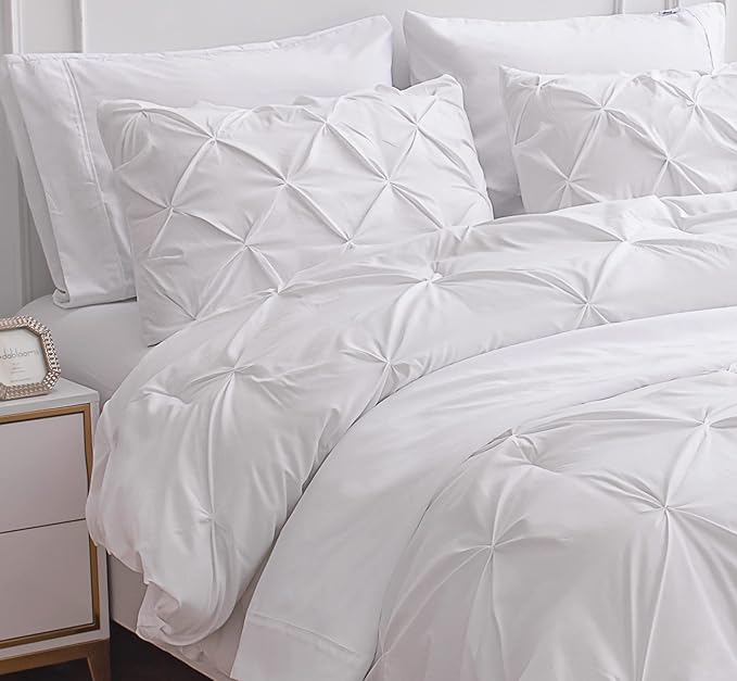 LANE LINEN King Size Comforter Set - 7 Piece - Luxury Pintuck King Bed in a Bag Set - 1 Comforter, 1 Flat Sheet, 1 Deep-Pocket Fitted Sheet, 2 Pillowcases & 2 Shams - Warm & Cozy Hotel Quality - White | Hotel bed look, Deep pocket fit, Warm breathable,...