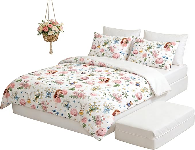 Girls Priness Comforter Set Kids 5Pcs Twin Size Bed in A Bag Pink Botanical Rose Bedding with Rabbit Bear Pattern, 1 Quilted Comforter(68"x86")&2 Pillowcase&1 Flat Sheet &1 Fitted Sheet