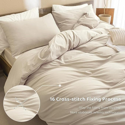 Sanracie Queen Size Comforter Set, Washed Cotton Linen Feel Bedding Comforter Sets 3 Pieces(1 Solid Wheat Colored Comforter +2 Pillowcases) Soft Lightweight Aesthetic Bedding Sets Queen All Season