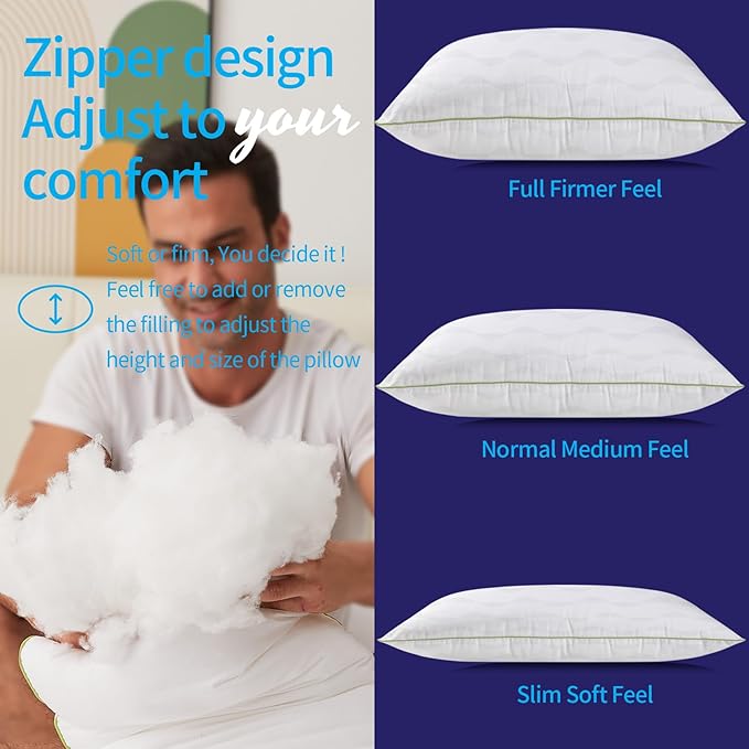 Bed Pillows Standard Size Set of 4,for Sleeping, Adjustable Standard Pillows 4 Pack with Zipper, Cooling Hotel Quality with Premium Soft Down Alternative Fill