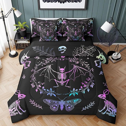 Moth Animal Comforter Set,Gothic Skull Boho Kids Bedding Set for Bedroom Decor,Black and White Skeleton Bed Set(Comforter+Fitted+Flat Sheet+Pillowcases+Pillow Covers),King