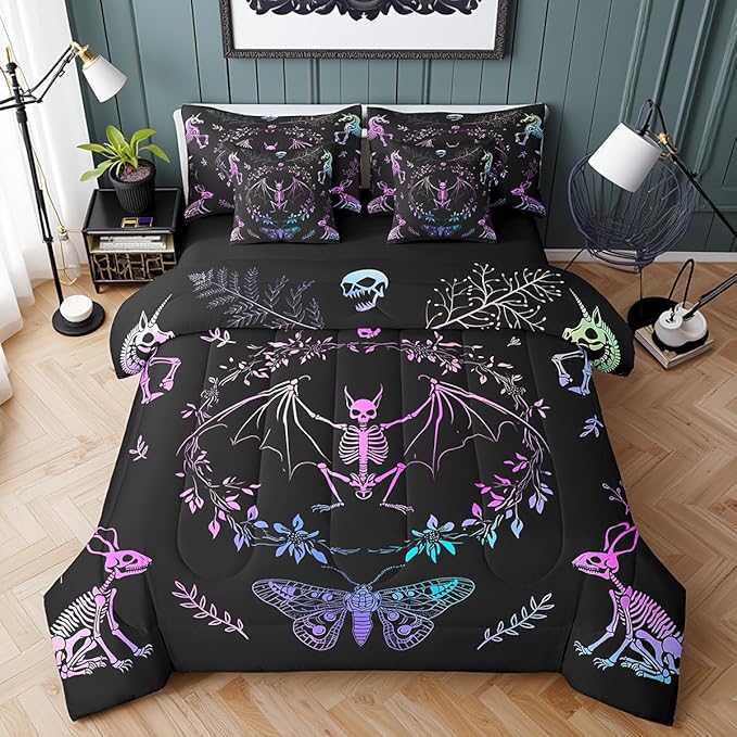 Castle Fairy Moth Animal Comforter Set in a Bag 7 Pieces,Gothic Skull Boho Quilt Set,Black and White Skeleton Bedding Set Twin (1 Comforter,2 Pillowcase,2 Pillow Covers,1 Flat Sheet,1 Fitted Sheet)