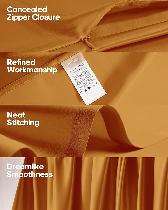 THXSILK Silk Sheet Set 4 Pcs, King Size Sheet Set, Soft Breathable Cooling Bed Sheets with 1 Flat Sheet, 1 Fitted Sheet, 2 Pillowcases with Zipper Closure, Deep Orange