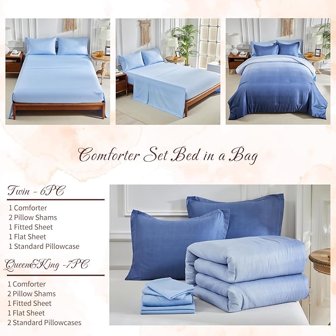 Navy and Light Blue Gradient Comforter Set Queen Size 7 Pieces Elegant Ombre Bed in a Bag - Reversible All Season Bedding Set with Comforter, Flat Sheet, Fitted Sheet, 2 Pillowcases & 2 Pillow Shams