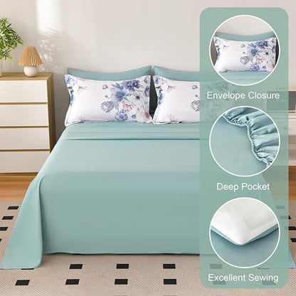Floral King Size Comforter Set - 7 Piece Bed in a Bag, Light Blue Flowers Printed on White Bed Comforters with Sheets, Soft Lightweight Bedding Set for All Season(Light Blue, King