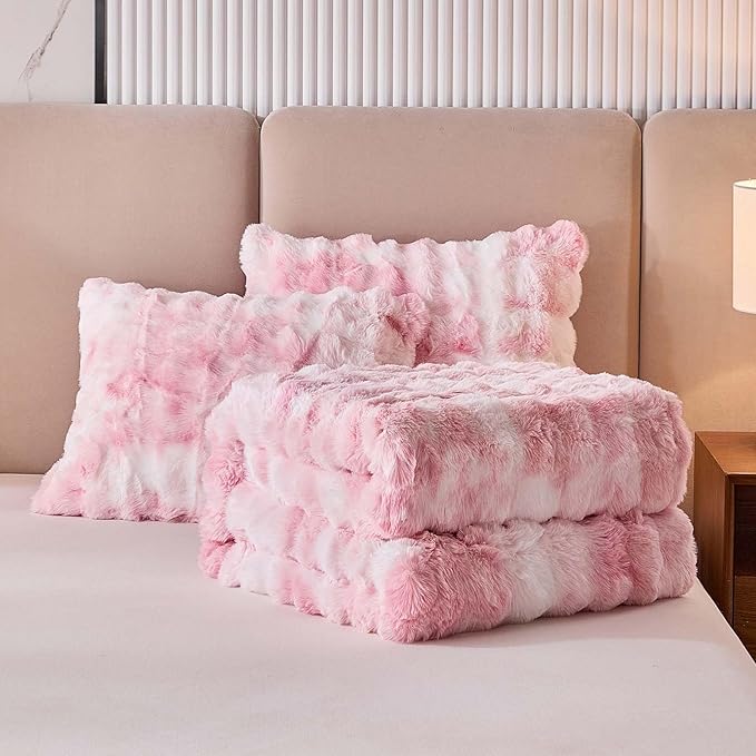 Queen Faux Rabbit Fur Comforter Set - 3 Pieces Fluffy Bedding Set Ultra Soft Warm Shaggy Plush Winter Flannel Bedding Set for Girls Women, Skin Friendly Sherpa Comforter Bed Set & 2 Pillow Shams Pink