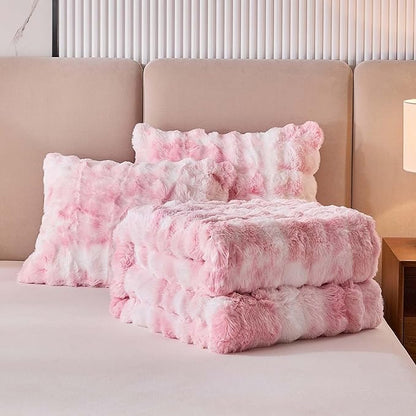 Twin Faux Rabbit Fur Comforter Set - 3 Pieces Fluffy Bedding Set Ultra Soft Warm Shaggy Plush Winter Flannel Bedding Set for Girls Women, Skin Friendly Sherpa Comforter Bed Set & 2 Pillow Shams Pink