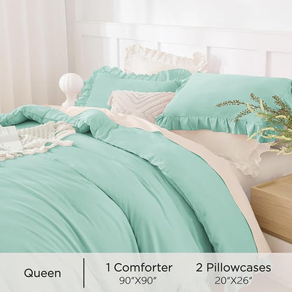 Andency Mint Green Comforters Queen Size, 3 Pieces Solid Shabby Chic Farmhouse Bedding Comforters & Sets, Lightweight Fluffy All Season Soft Down Alternative Bed Set for Women Men