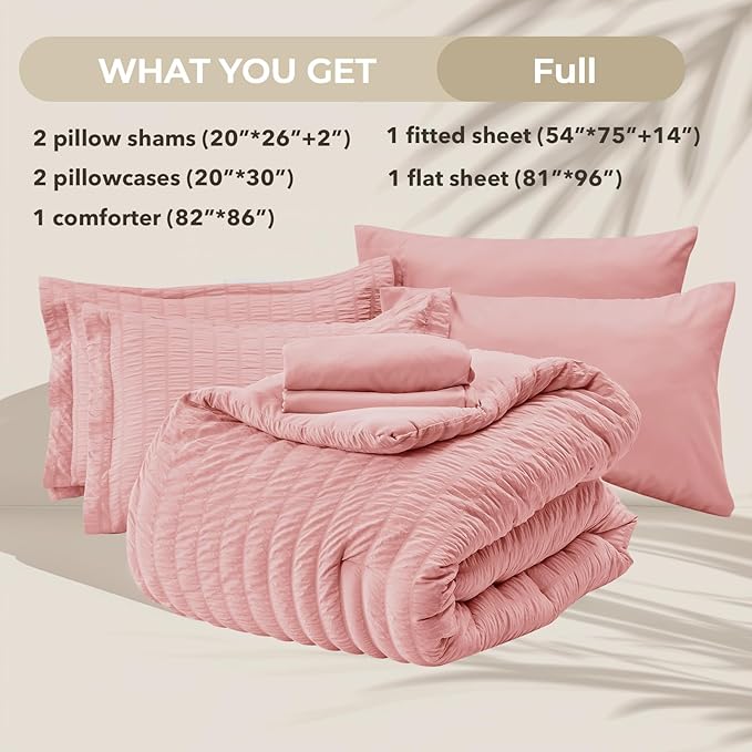 HYMOKEGE Rose Pink Full Size Comforter Sets Seersucker 7 Pieces, All Season Luxury Bed in a Bag for Bedroom, Bedding Set with Comforter, Sheets, Pillowcases & Shams