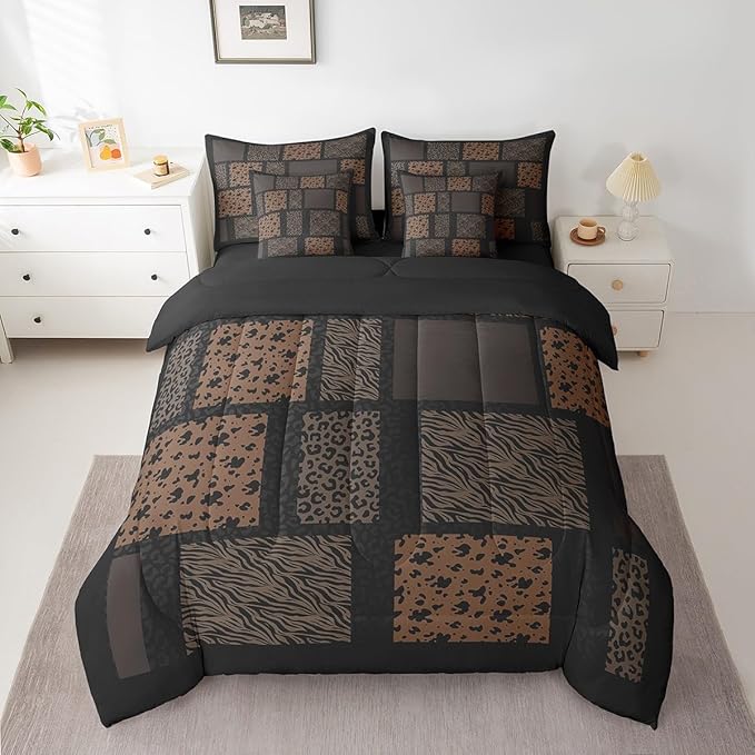 Wildlife Fur Splicing Print Comforter Set Full Size,Leopard Cheetah Zebra Cattle Bedding Set,Animals Skin Bed Set 7 Pieces(Comforter+Fitted+Flat Sheet+Pillowcase+Pillow Cover)