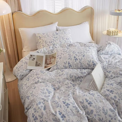 MKXI Queen Comforter Set Cute Blue Floral Bedding Comforter Set White Printed Reversible Soft Comforter Garden Style