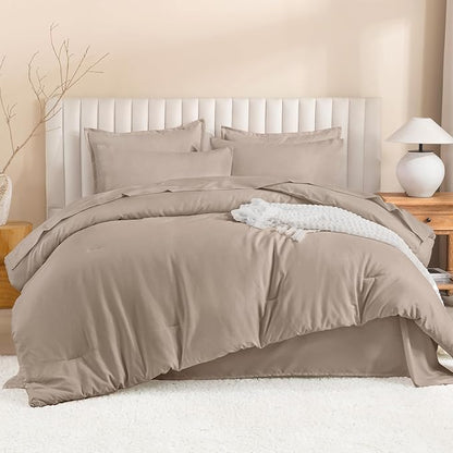 Litanika King Size Comforter Set Light Coffee - 7 Pieces Bed in a Bag Beddding Sets, Solid Lightweight Bed Set with Comforter, Sheets, Pillowcases & Shams