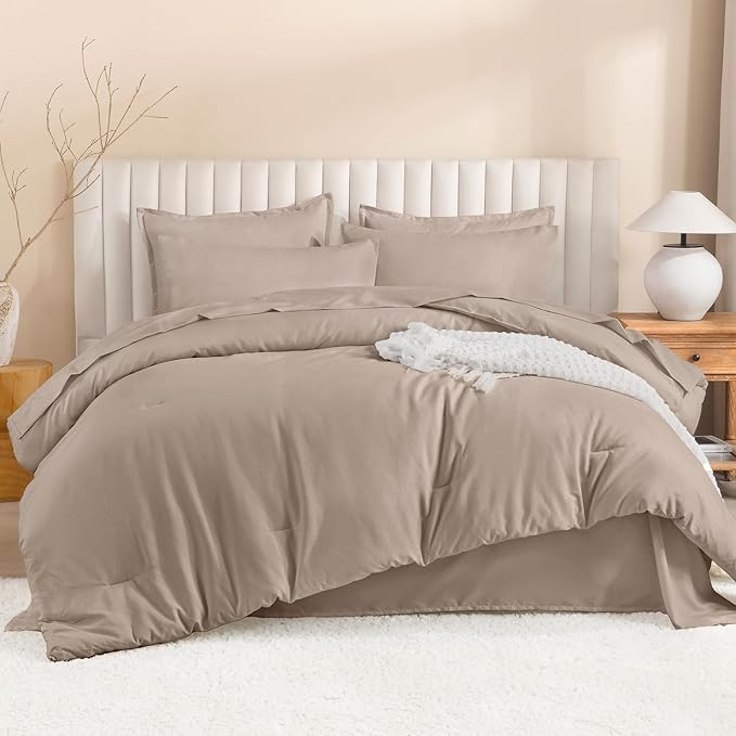 Litanika California King Comforter Set Light Coffee - 7 Pieces Bed in a Bag Cal King Beddding Sets, Plain Lightweight Bed Set with Comforter, Sheets, Pillowcases & Shams