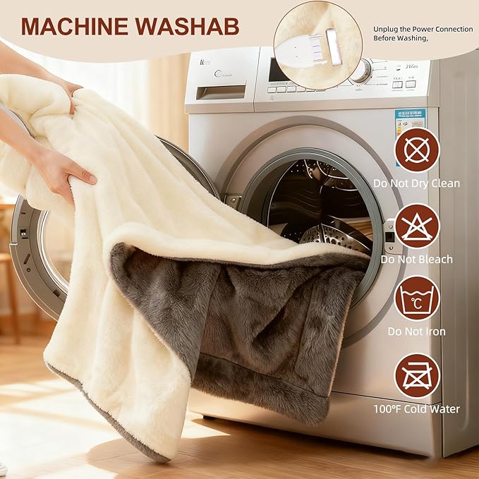 Electric Heated Blanket Throw 50" x 60" Soft Dual-Sided Flannel Fast Heating 12 Heat Levels 1–12H Timer & Overheat Protection & Auto Shut-Off & Machine Washable (Milky White & Gray)