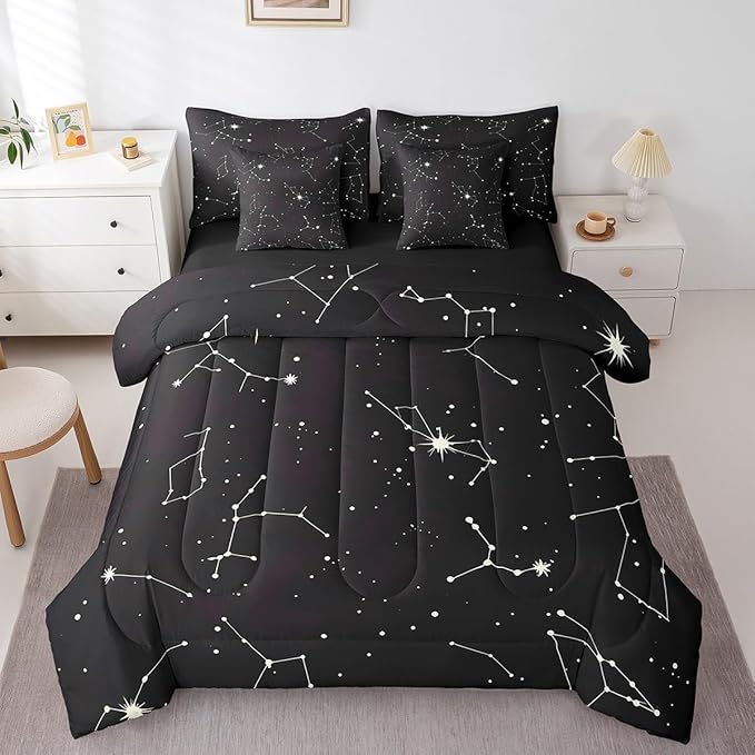 Feelyou Galaxy Comforter Set King Size 7 Pcs Kids Outer Space Constellation Comforter Bed in a Bag Universe Starry Sky Bedding Set for Boys Girls Teens Bed Set with Sheets, Pillowcases, Pillow Covers