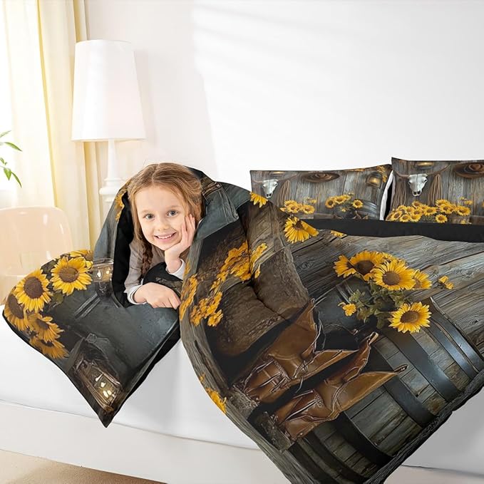 Feelyou Brown Western Aztec Comforter Set Queen Size Kids Bull Skull Duvet Quilt for Boys Girls Teens Wild Cowboy Boots Farmhouse Rustic Sunflower Bedding Set Soft Room Decor 3Pcs