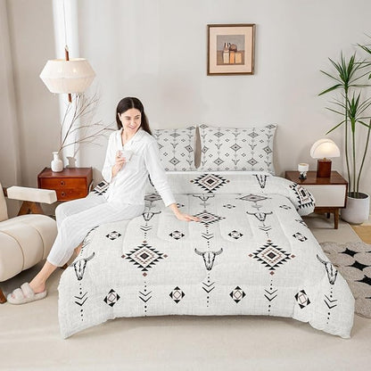 Erosebridal Western Aztec Comforter Set Twin Size, Boho Farmhouse Bedding Set for Kids Boys Teens Ethnic Southwest Bull Skull Cow Quilt American Native Southwestern Duvet Insert Bedroom Decor