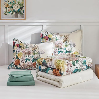 Joyreap Bed in a Bag Queen, 7 Piece Floral Comforter Sheet Set, Flowers on Light Khaki Floral Design, All Season Microfiber Bedding Comforter Set