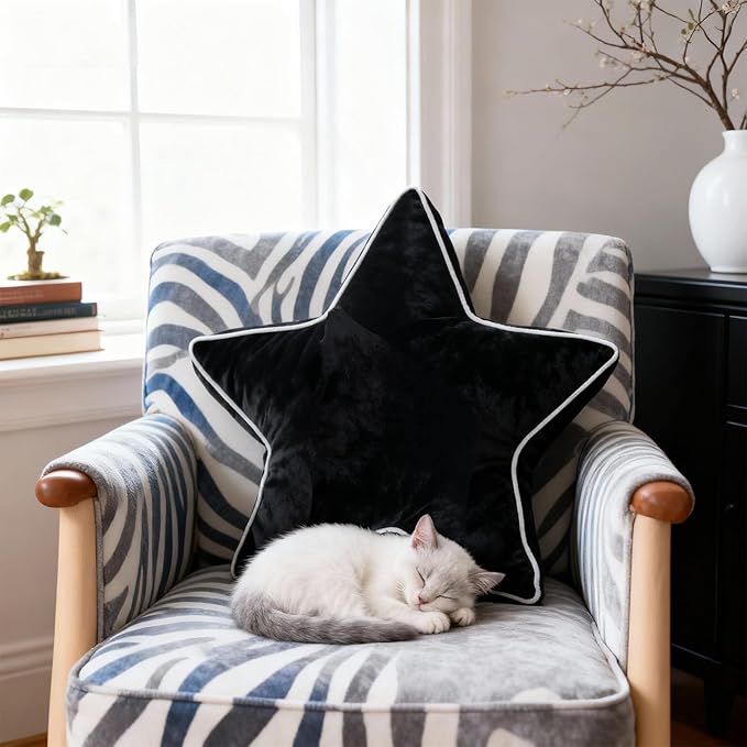 Star Pillow - Decorative Throw Pillows Floor Cushion Accent Pillow for Sofa Bed Couch Bedroom Black