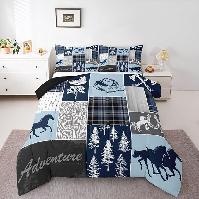 Erosebridal Hunting Horse Comforter Set Full Size, Rustic Cabin Lodge Bedding Set Western Horseshoe Duvet Insert Arrow Southwest Cowboys Cowgirls Down Comforter Vintage Adventure Bedroom Decor,Blue