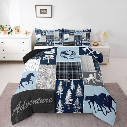 Erosebridal Hunting Horse Comforter Set Queen Size, Rustic Cabin Lodge Bedding Set Western Horseshoe Duvet Insert Arrow Southwest Cowboys Cowgirls Down Comforter Vintage Adventure Bedroom Decor,Blue