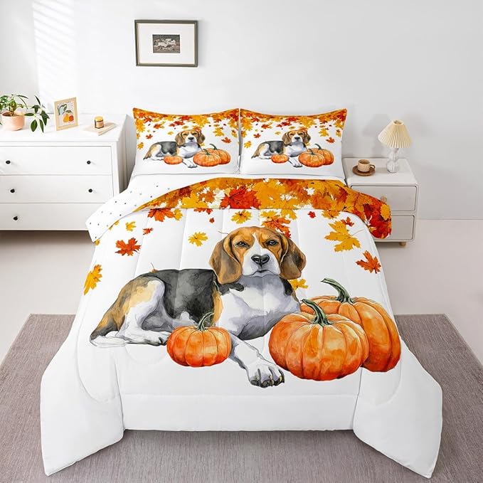 Fall Pumpkin Comforter Set Retro Watercolor Sausage Dog Quilted Duvet Full Thanksgiving Harvest Seasonal Bedding Set For Kids Boys Girls,Happy Fall Maple Leaf Soft Lightweight Comforter Orange 3 Pcs