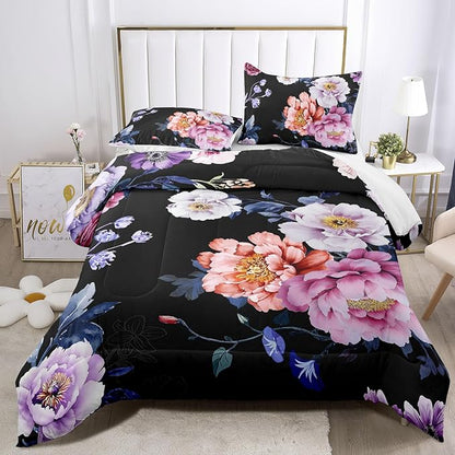 Raphus Cucullatus Dark Floral Bedding Queen Comforter Set, Black and Pink Goth Boho Botanical Bedding, Pretty Floral Bed Set