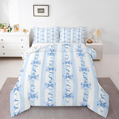 Erosebridal Blue Bowknot Comforter Set King Cute Kawaii Bow Bedding Set for Girls Princess Room Decor,Blue Coquette Bowknot Comforter Geometric Spiral Striped Butterfly Knot Bed Set