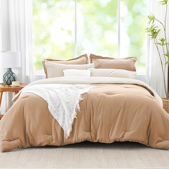 Full Size Comforter Sets Khaki Reversible Bedding Set, 7 Pieces Soft Bed in a Bag Full with Comforter, Sheets, Pillowcases & Shams, All Season Boho Bedding Sets Full