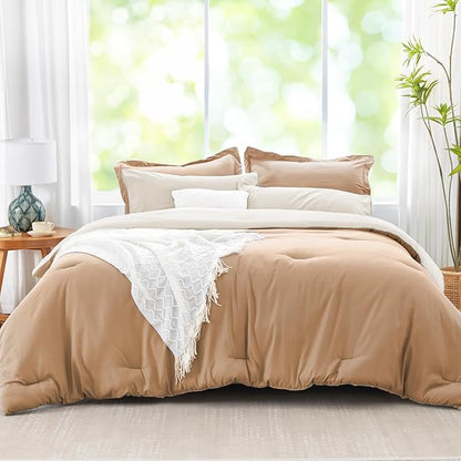 Queen Comforter Set Khaki Reversible Bedding Set, 7 Pieces Soft Bed in a Bag Queen with Comforter, Sheets, Pillowcases & Shams, All Season Boho Queen Bed Set, Contrasting Design