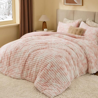 BEDELITE Fleece Full Comforter Set -Super Soft & Warm Fluffy Pink&White Bedding, Luxury Fuzzy Heavy Bed Set for Winter with 2 Pillow Cases