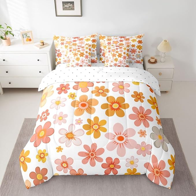 Erosebridal Groovy Flower 7 Piece Comforter Set King | Vintage Floral Bed in A Bag Geometric Hippie Garden Funky Sheet Set Breathable Lightweight Pastoral Style Fitted Sheet Reversible